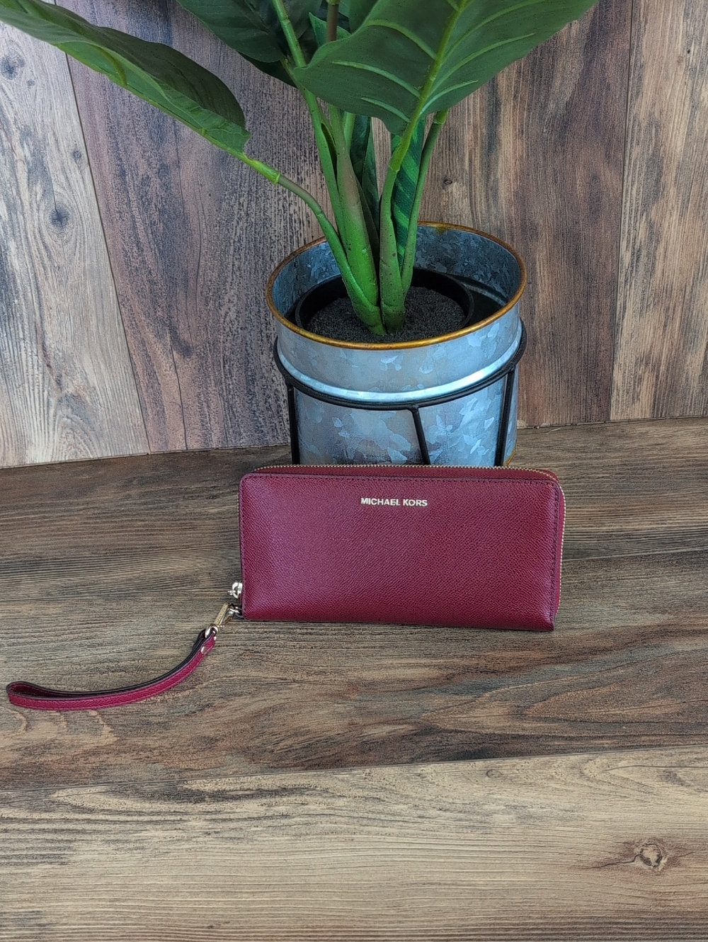 Michael Kors Wine Red Zip-Around Saffiano Wristlet Pebbled Leather Wallet M494
